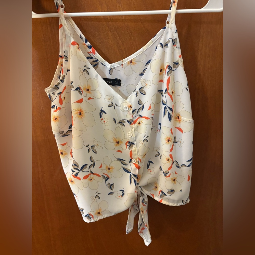 Cotton On Floral Tie-Front Blouse - Cream and Orange